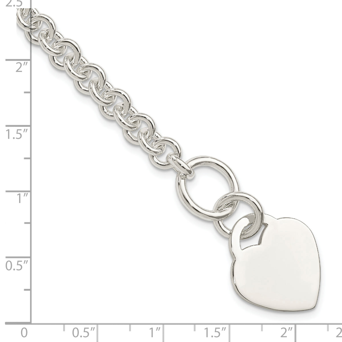 Sterling Silver Polished Engravable 17x19mm Heart Charm Rolo Link 7.5 inch Toggle Bracelet