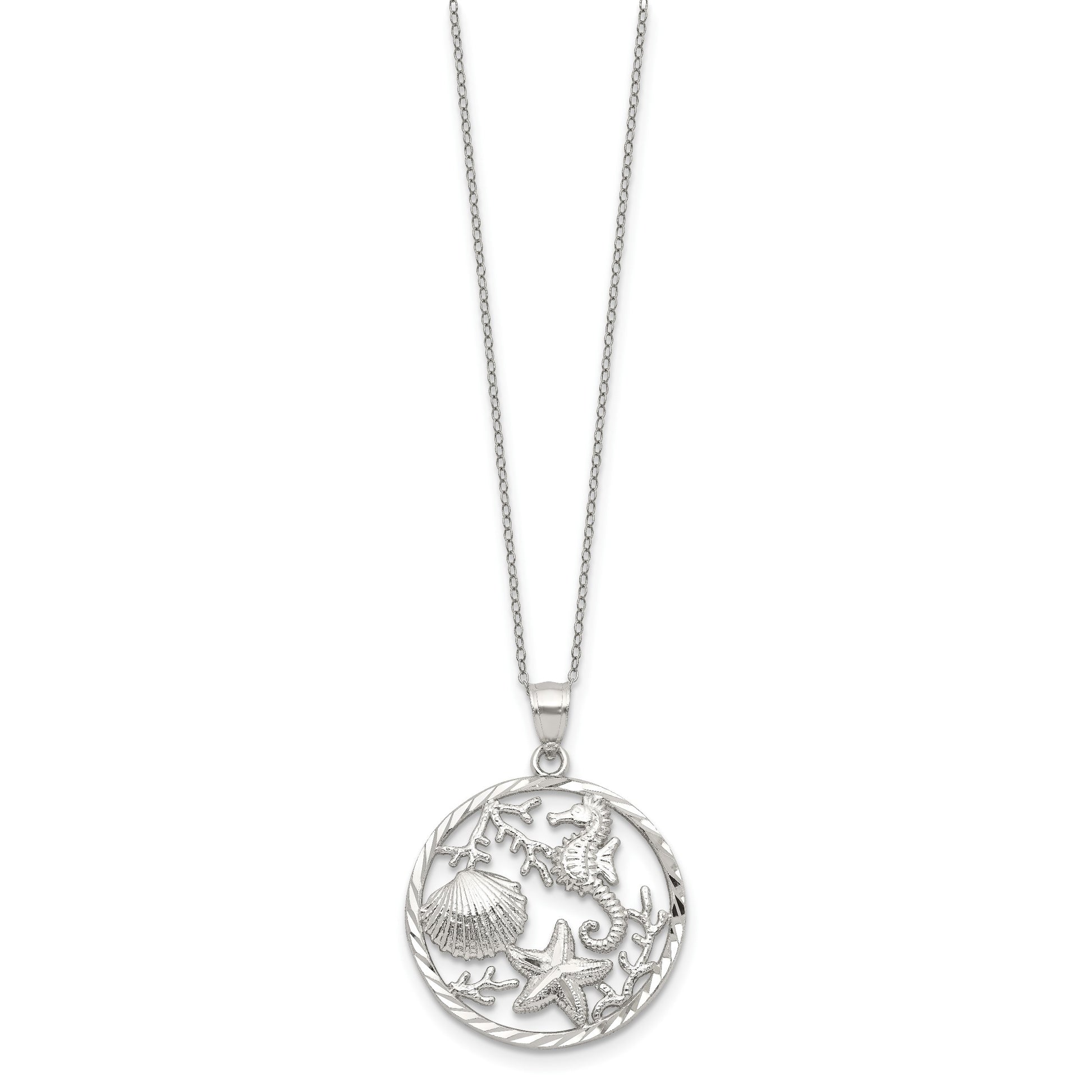 Sterling Silver Rhodium-plated Seahorse, Starfish and Shell Pendant