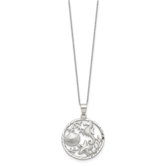 Sterling Silver Rhodium-plated Seahorse, Starfish and Shell Pendant
