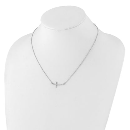 Sterling Silver Rhodium-plated Large Sideways Curved Cross Necklace