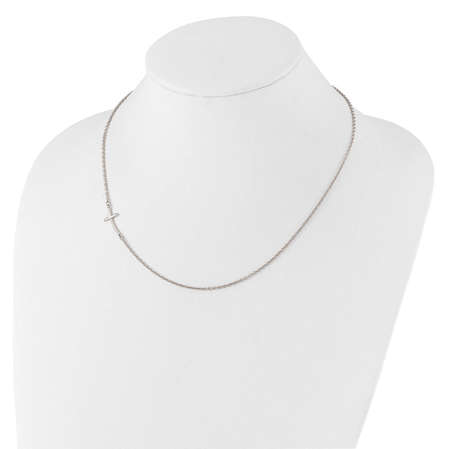 Sterling Silver Rh-plated Small Off-Set Sideways Curved Cross Necklace