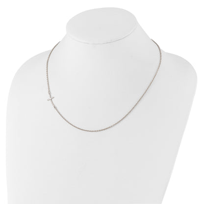 Sterling Silver Rh-plated Small Off-Set Sideways Curved Cross Necklace