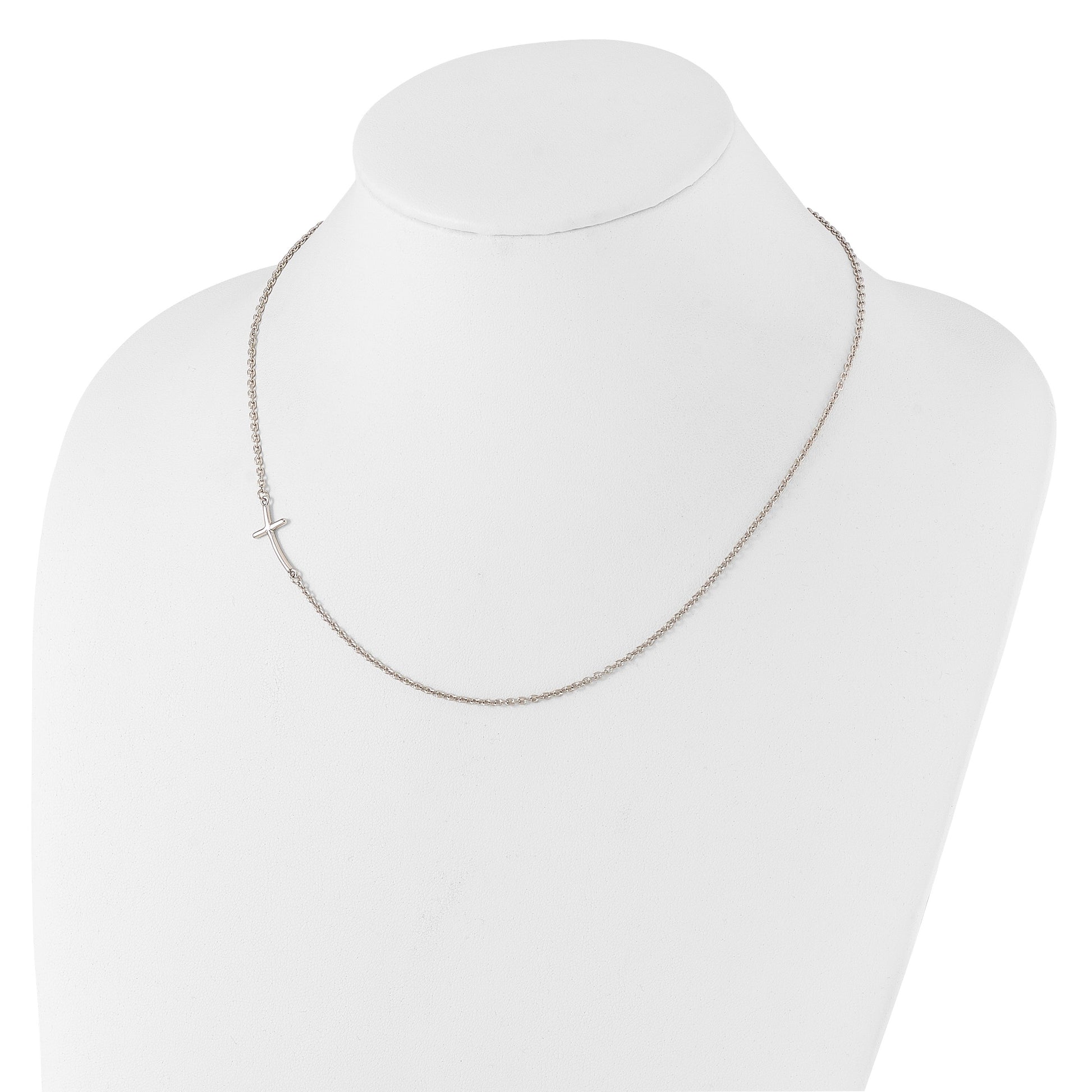 Sterling Silver Rh-plated Small Off-Set Sideways Curved Cross Necklace