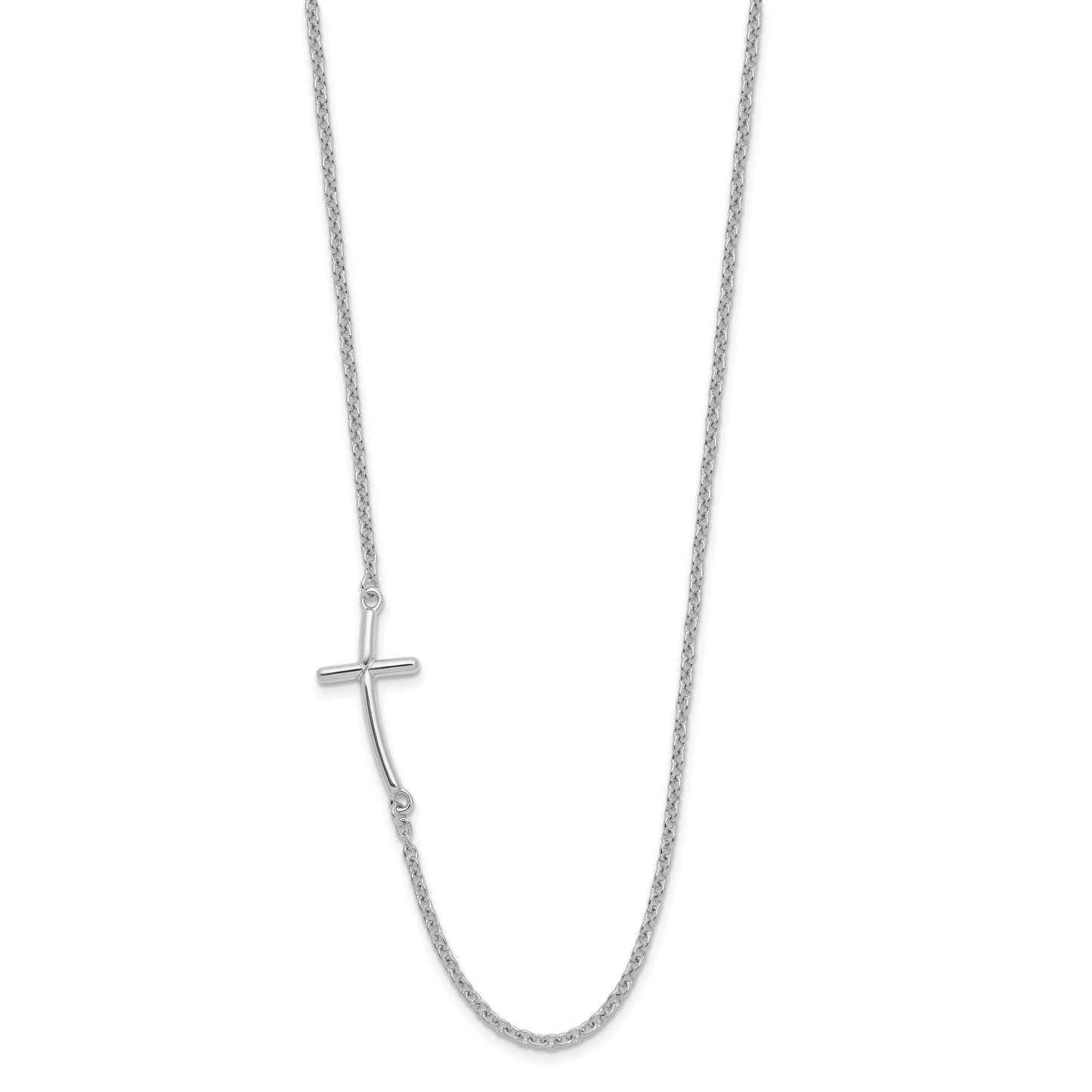 Sterling Silver Rh-plated Large Off-Set Sideways Curved Cross Necklace