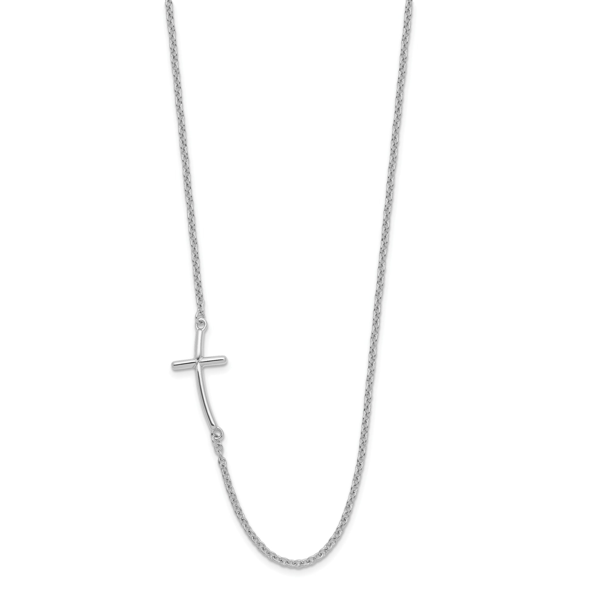 Sterling Silver Rh-plated Large Off-Set Sideways Curved Cross Necklace