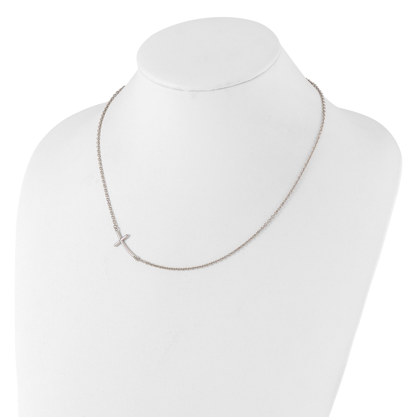 Sterling Silver Rh-plated Large Off-Set Sideways Curved Cross Necklace