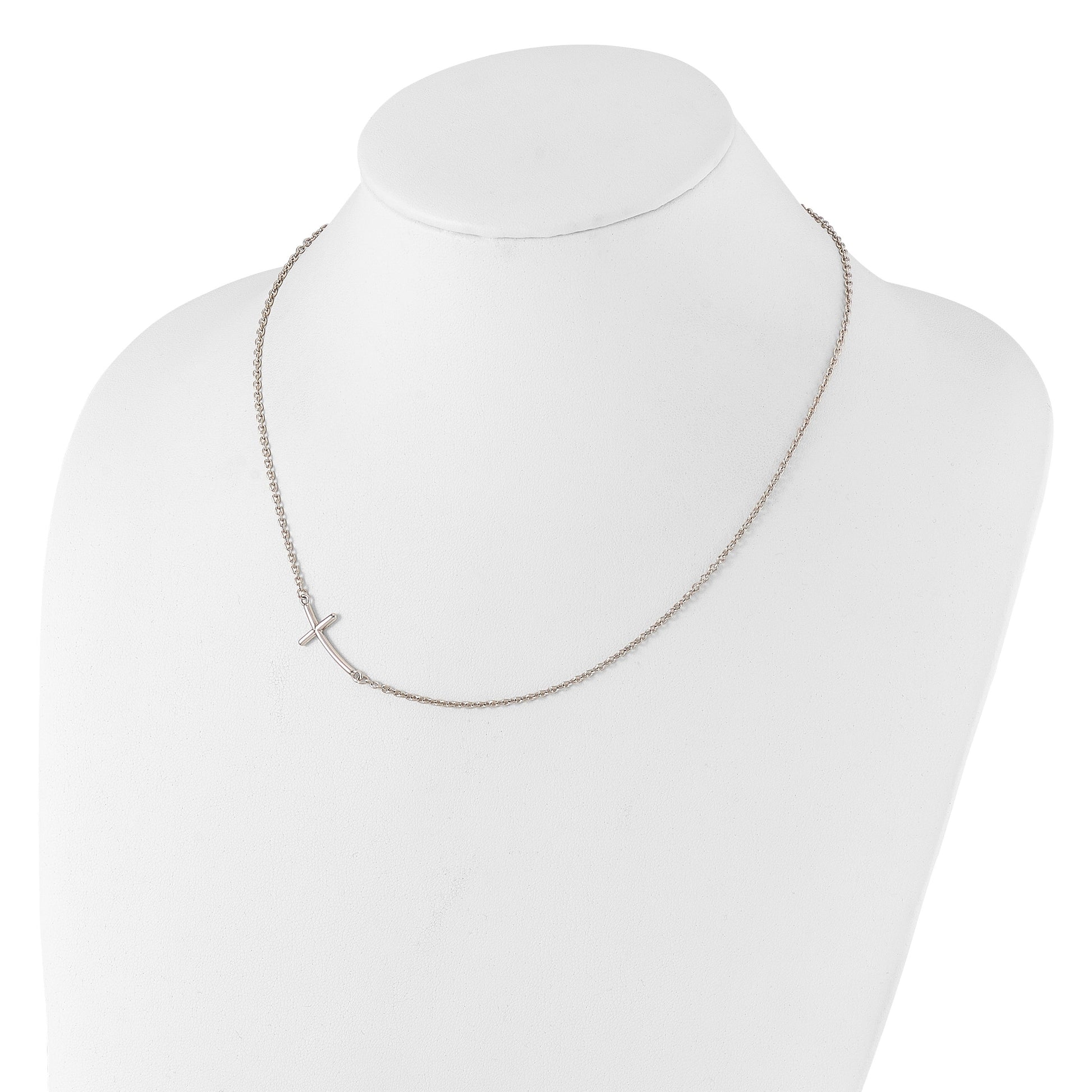Sterling Silver Rh-plated Large Off-Set Sideways Curved Cross Necklace