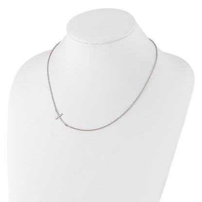Sterling Silver Rh-plated Large Off-Set Sideways Curved Cross Necklace