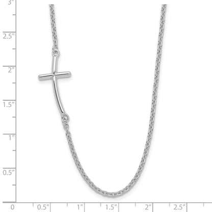 Sterling Silver Rh-plated Large Off-Set Sideways Curved Cross Necklace