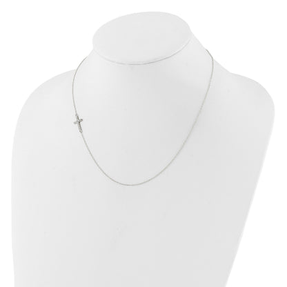 Sterling Silver Rhod-pltd CZ Offset Sideways Cross w/2in Ext Necklace