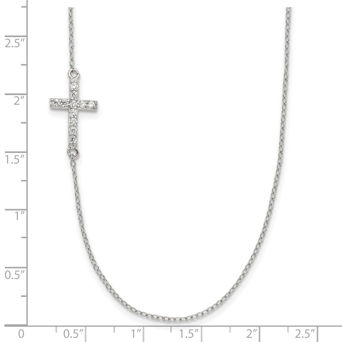Sterling Silver Rhod-pltd CZ Offset Sideways Cross w/2in Ext Necklace