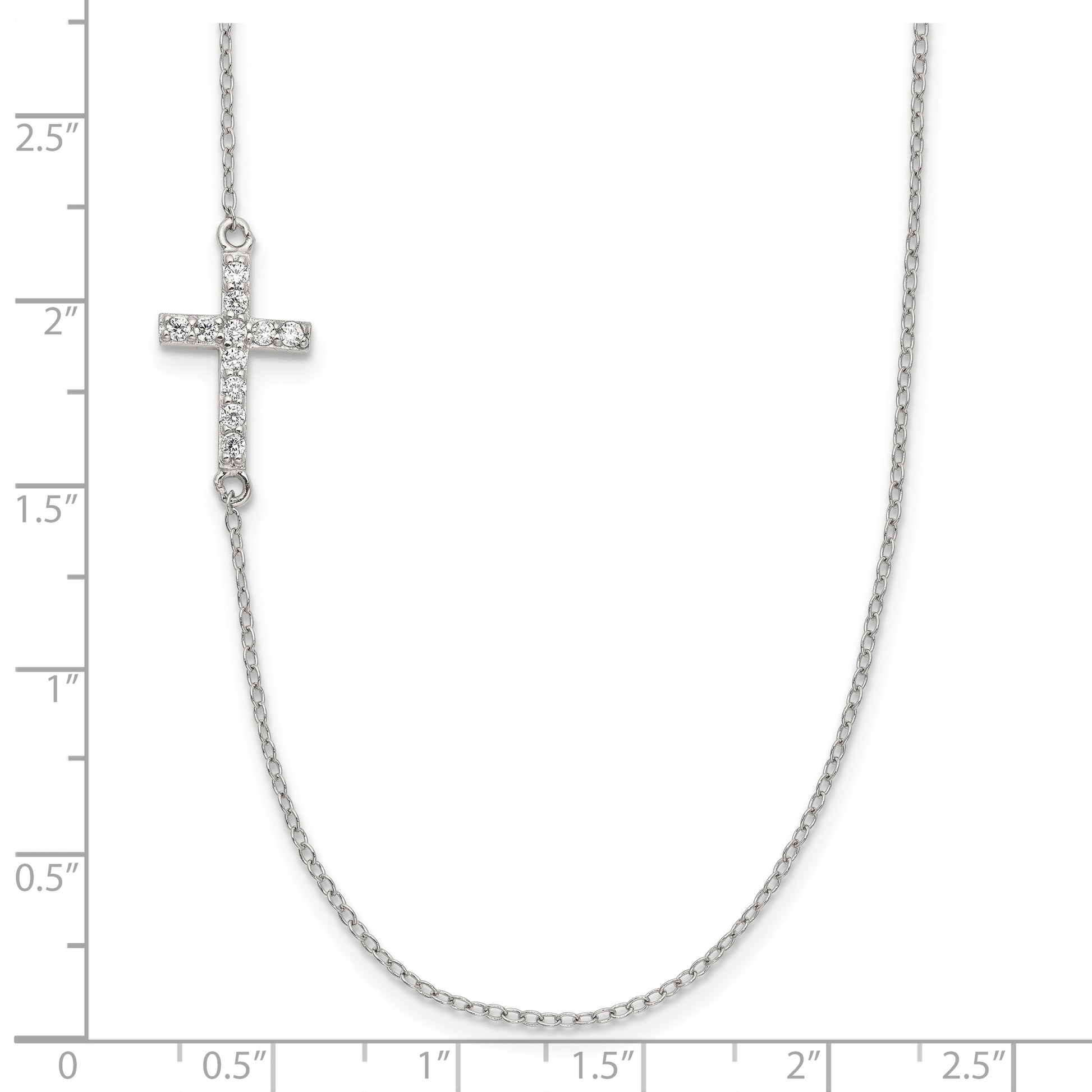 Sterling Silver Rhod-pltd CZ Offset Sideways Cross w/2in Ext Necklace