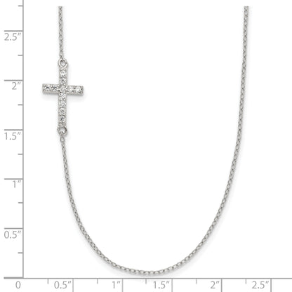 Sterling Silver Rhod-pltd CZ Offset Sideways Cross w/2in Ext Necklace