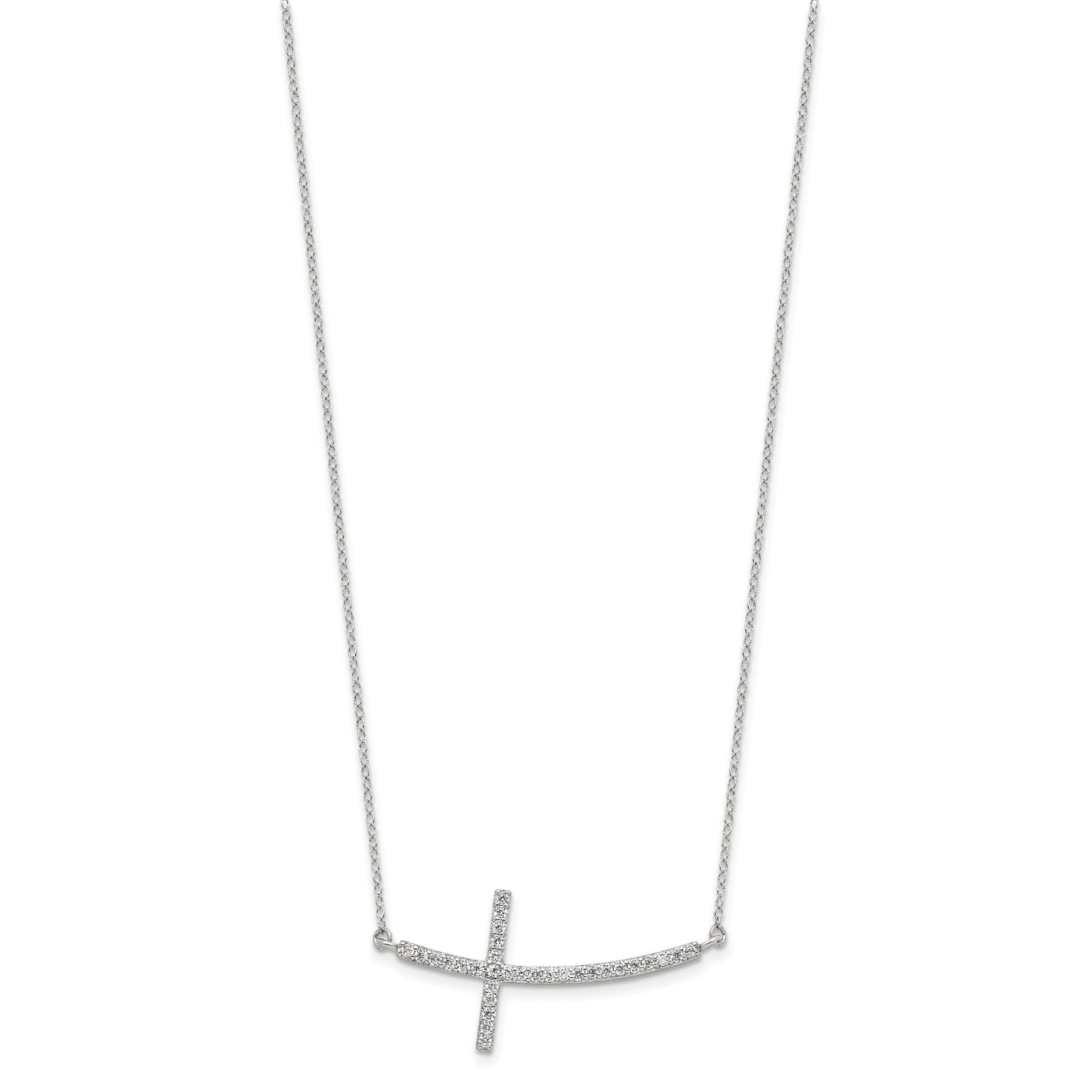 Sterling Silver Rhodium-plated CZ Sideways Cross w/2in Ext Necklace