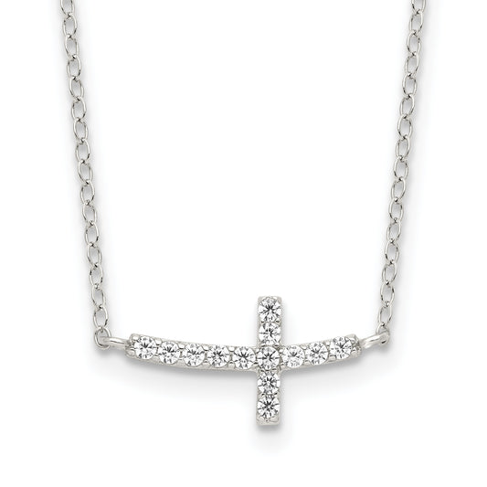 Sterling Silver Rhodium-plated CZ Sideways Cross w/2in Ext Necklace