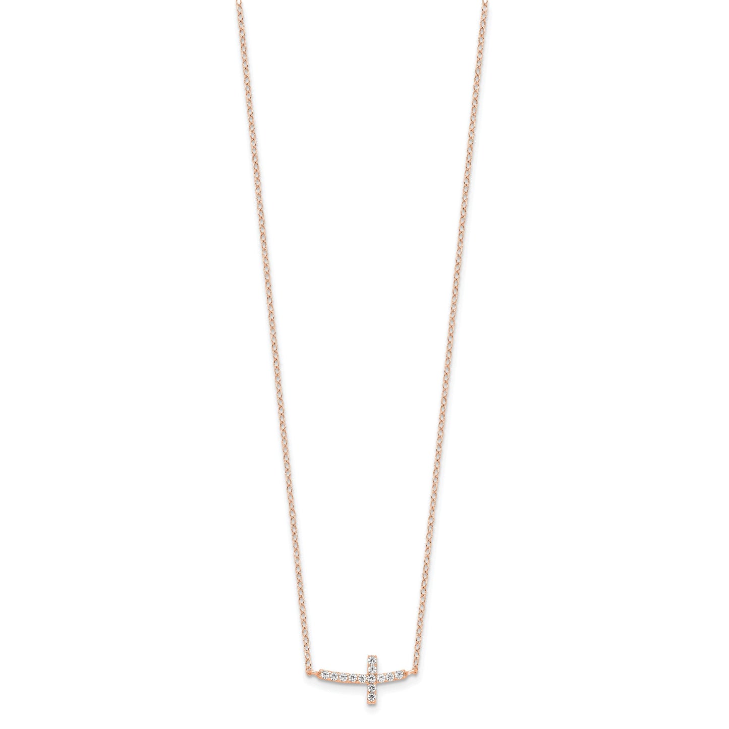 Sterling Silver Rose Gold-plated CZ Sideways Cross w/2in Ext Necklace