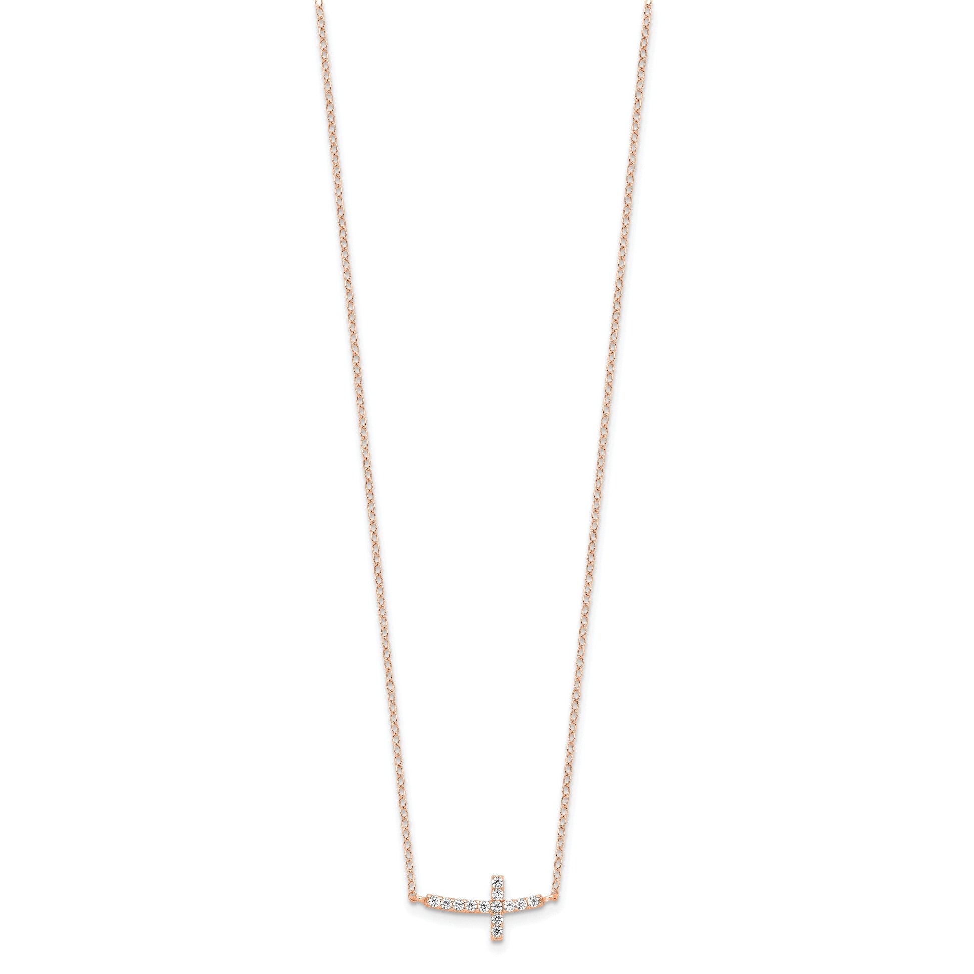 Sterling Silver Rose Gold-plated CZ Sideways Cross w/2in Ext Necklace