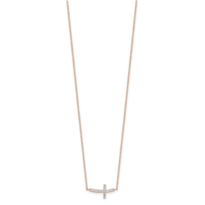 Sterling Silver Rose Gold-plated CZ Sideways Cross w/2in Ext Necklace