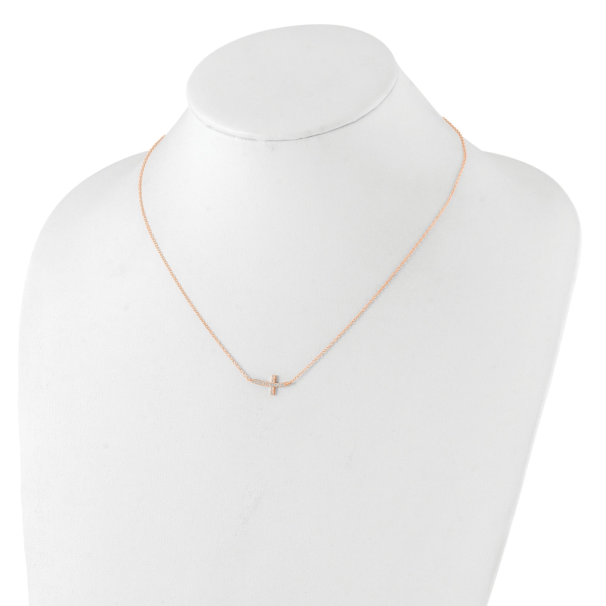 Sterling Silver Rose Gold-plated CZ Sideways Cross w/2in Ext Necklace