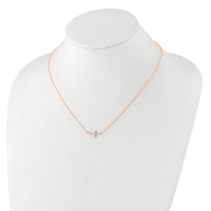 Sterling Silver Rose Gold-plated CZ Sideways Cross w/2in Ext Necklace