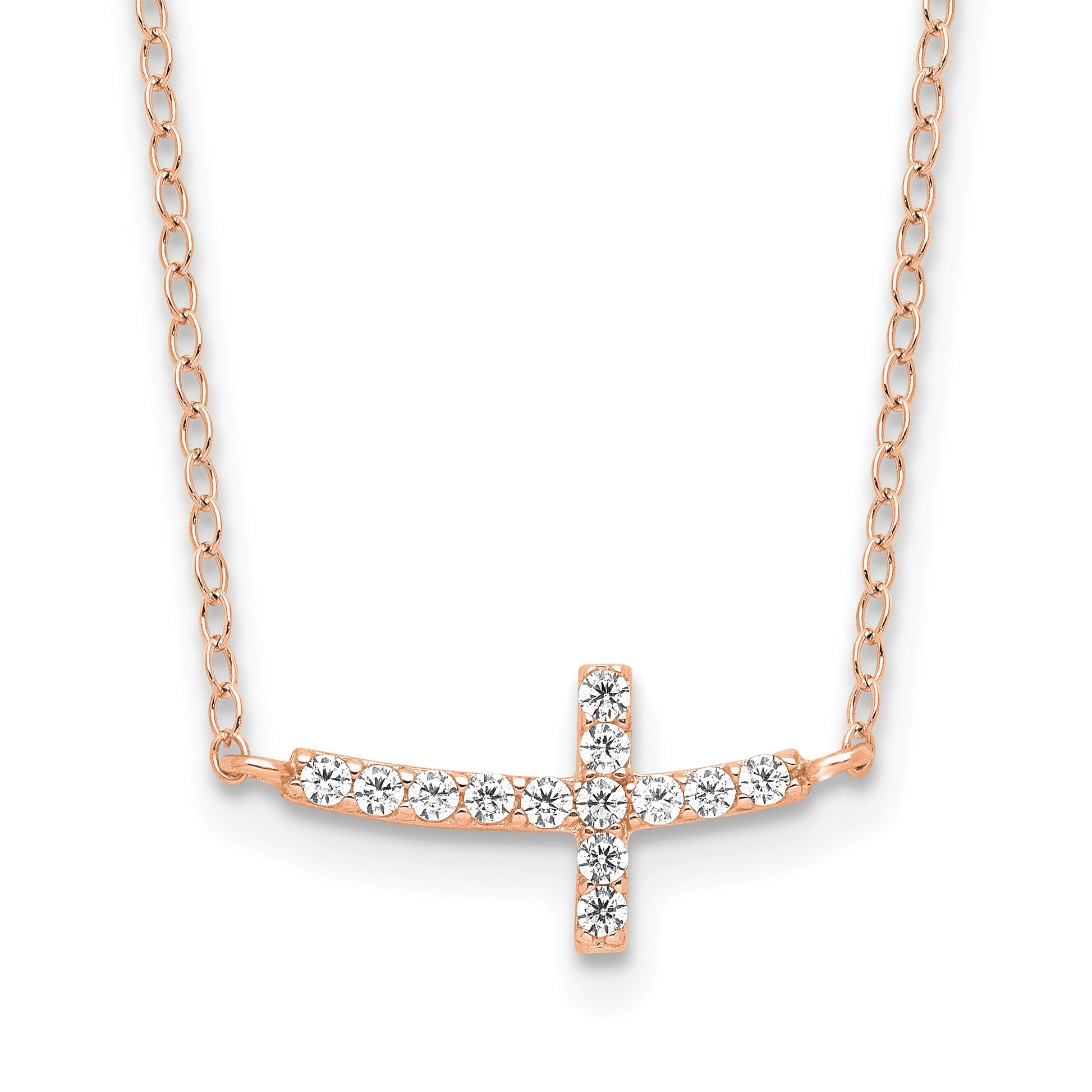 Sterling Silver Rose Gold-plated CZ Sideways Cross w/2in Ext Necklace