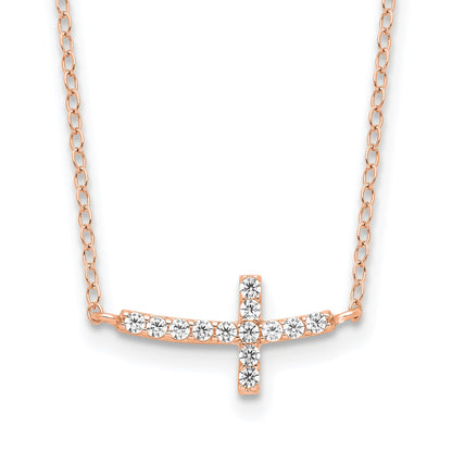 Sterling Silver Rose Gold-plated CZ Sideways Cross w/2in Ext Necklace