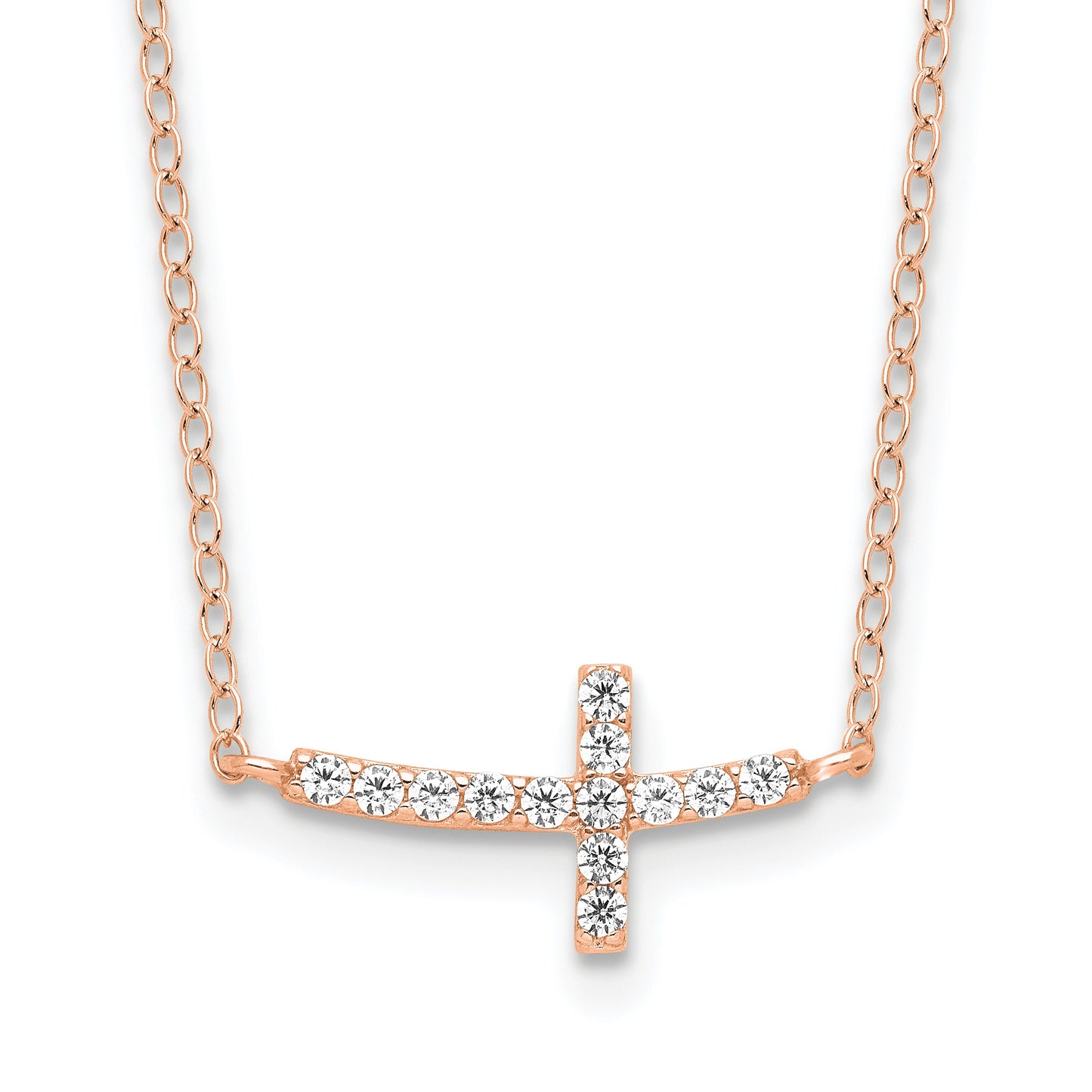 Sterling Silver Rose Gold-plated CZ Sideways Cross w/2in Ext Necklace