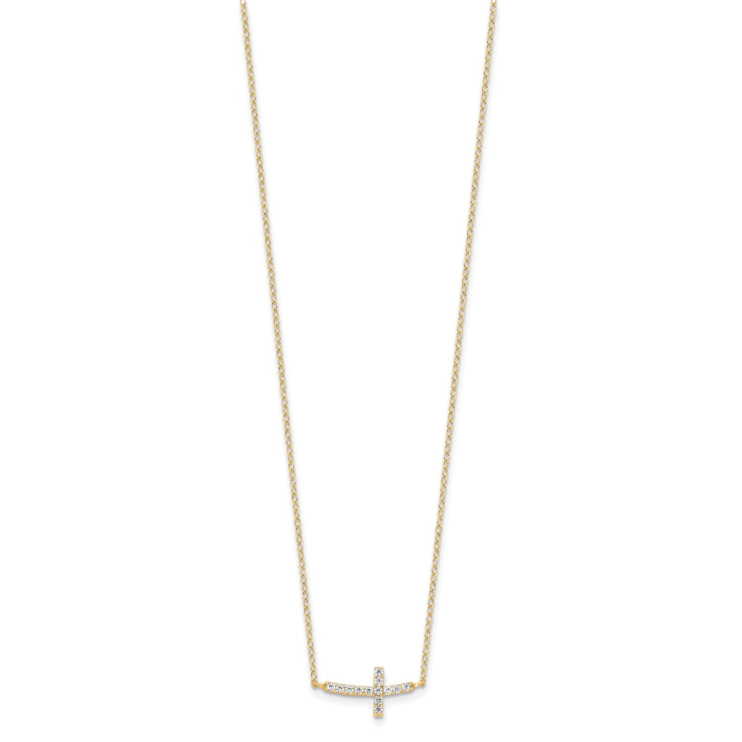 Sterling Silver Yellow Gold-plated CZ Sideways Cross w/2in Ext Necklace