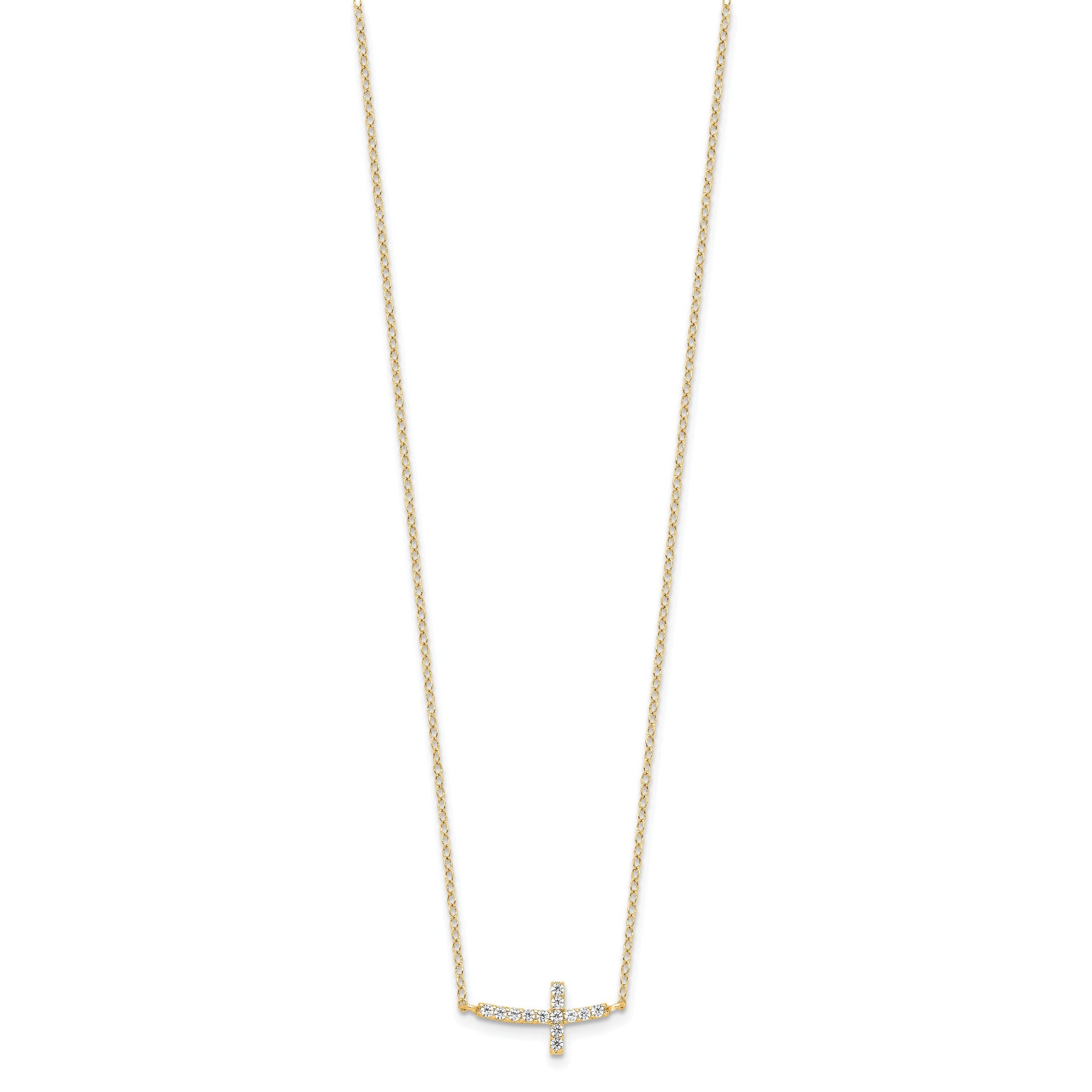Sterling Silver Yellow Gold-plated CZ Sideways Cross w/2in Ext Necklace