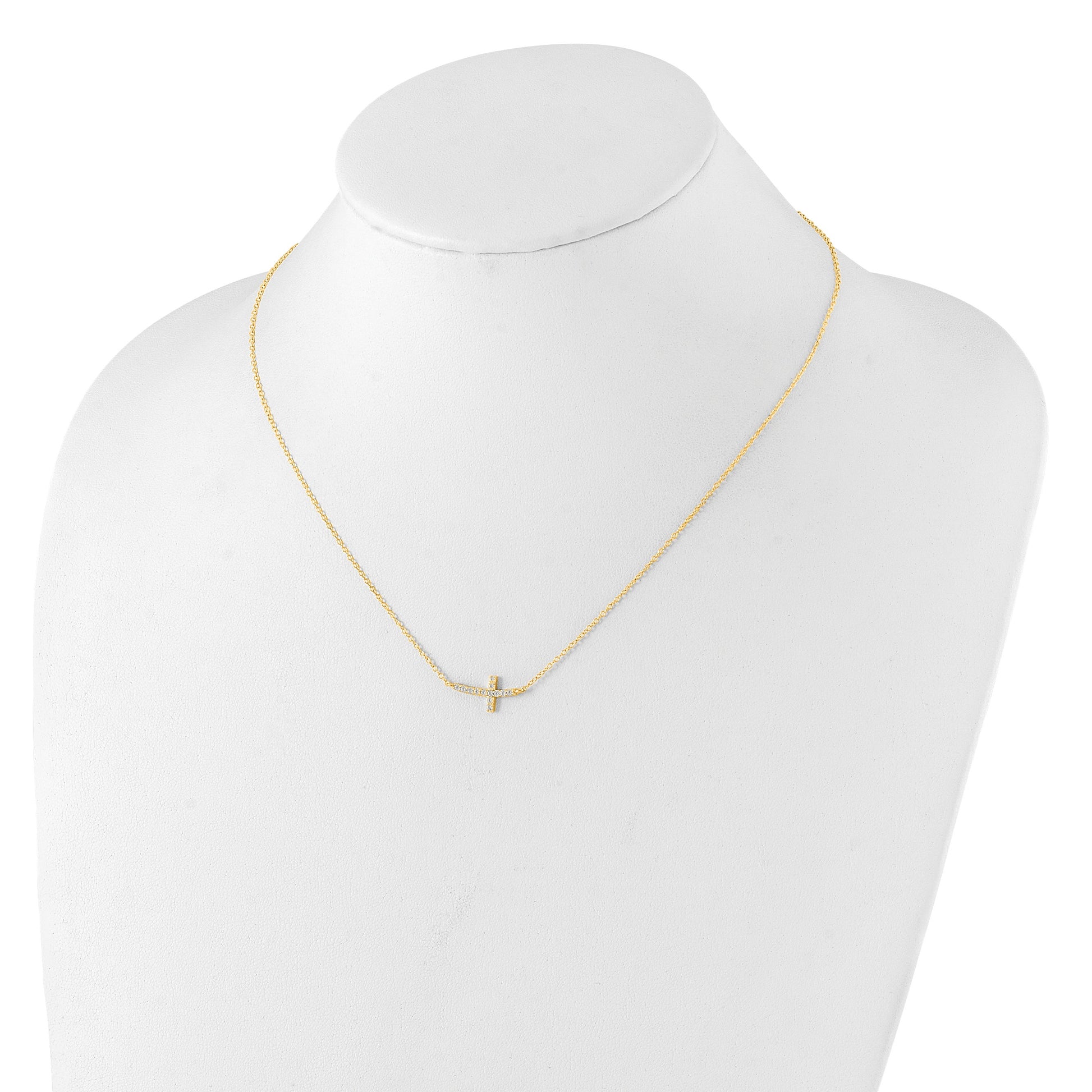 Sterling Silver Yellow Gold-plated CZ Sideways Cross w/2in Ext Necklace