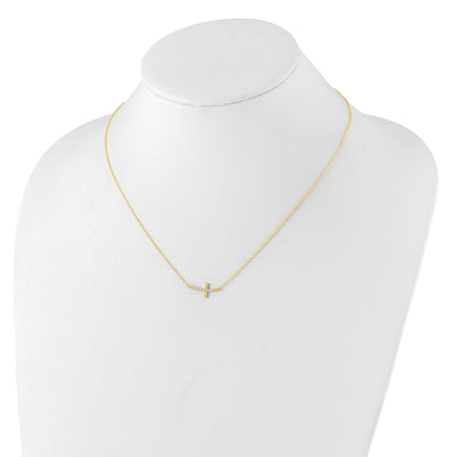 Sterling Silver Yellow Gold-plated CZ Sideways Cross w/2in Ext Necklace