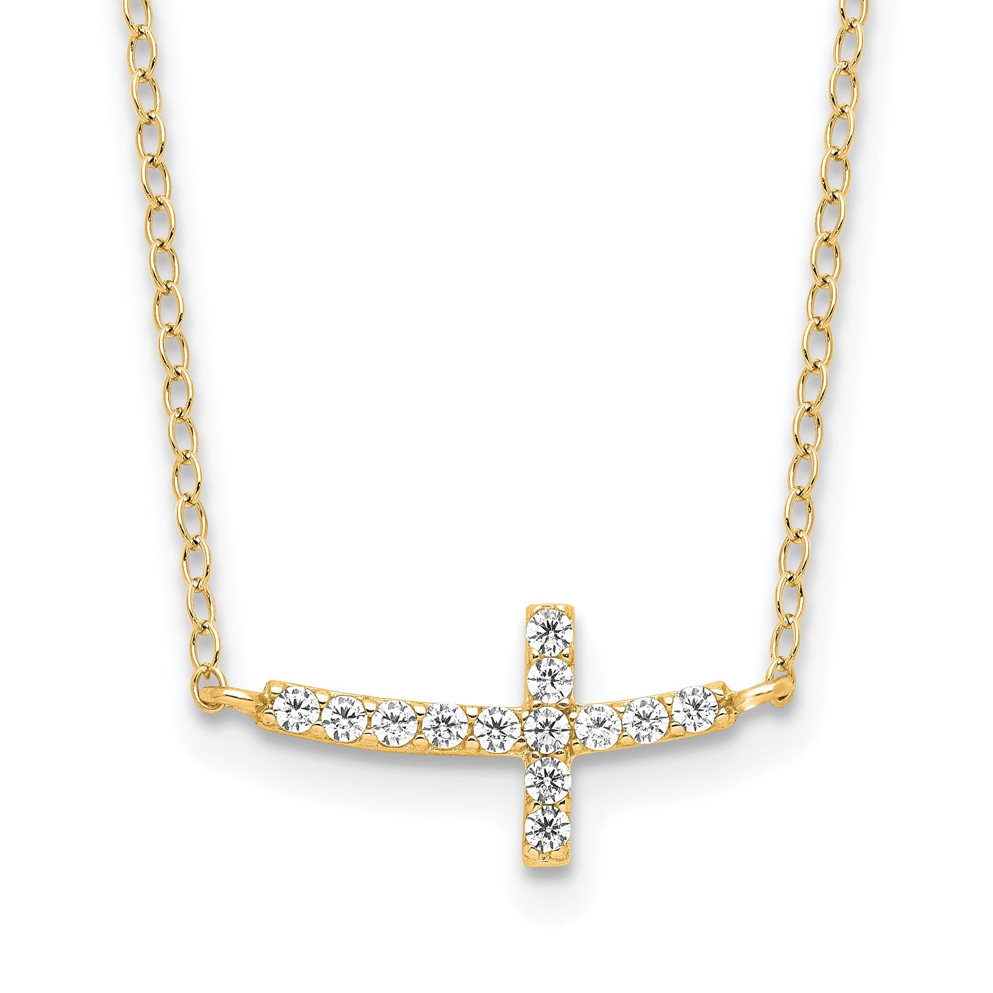 Sterling Silver Yellow Gold-plated CZ Sideways Cross w/2in Ext Necklace