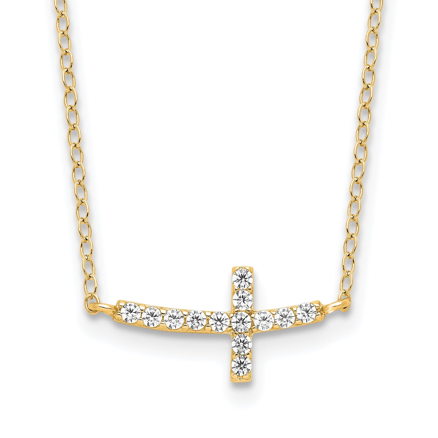 Sterling Silver Yellow Gold-plated CZ Sideways Cross w/2in Ext Necklace