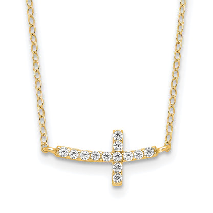 Sterling Silver Yellow Gold-plated CZ Sideways Cross w/2in Ext Necklace
