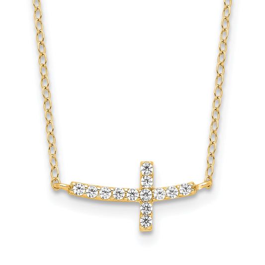 Sterling Silver Yellow Gold-plated CZ Sideways Cross w/2in Ext Necklace