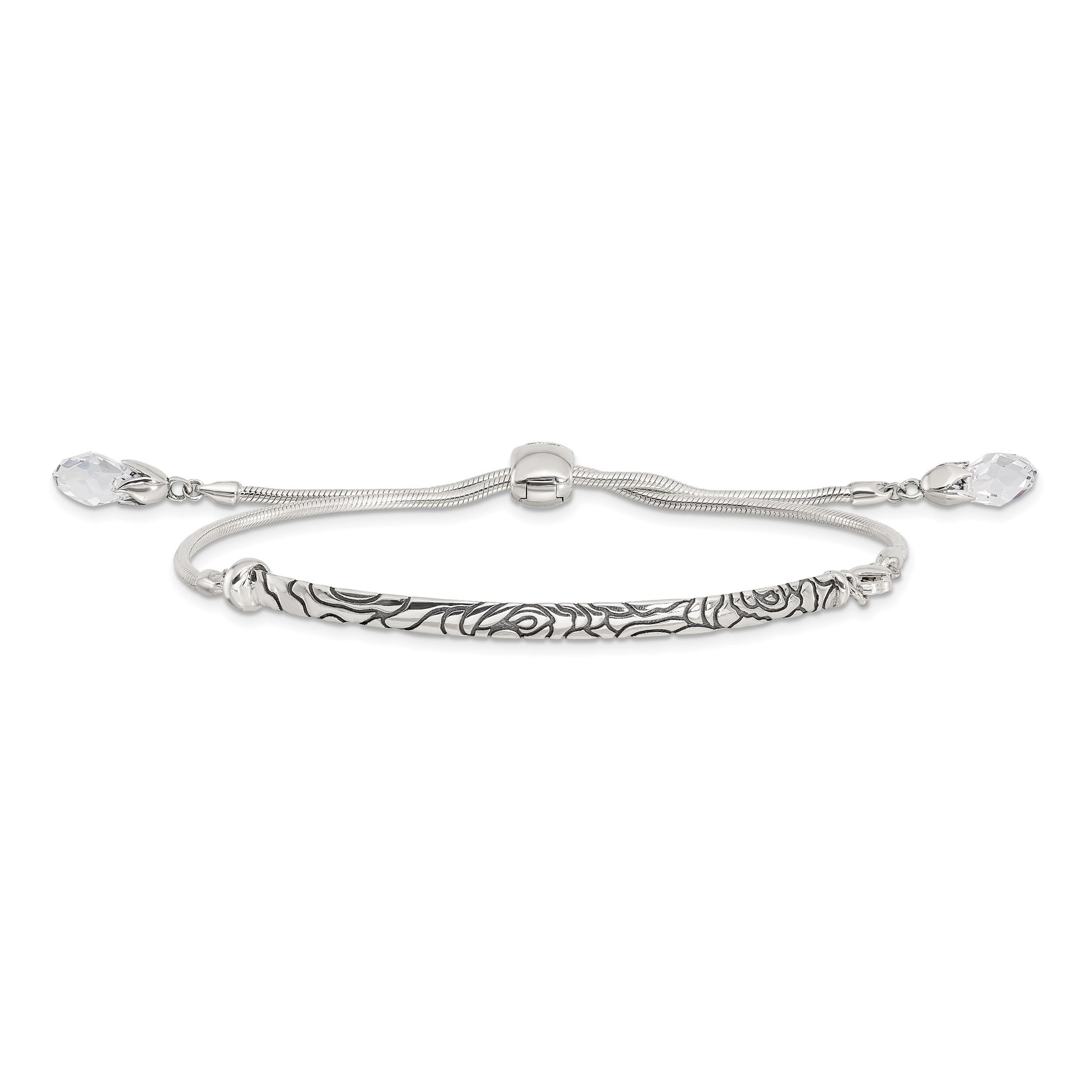 Sterling Silver Antiqued Reflections Clear Crystal Adjustable Bracelet