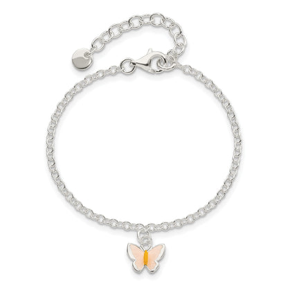 Sterling Silver Polished Enamel Butterfly w/ 1.5in ext. Childrens Bracelet
