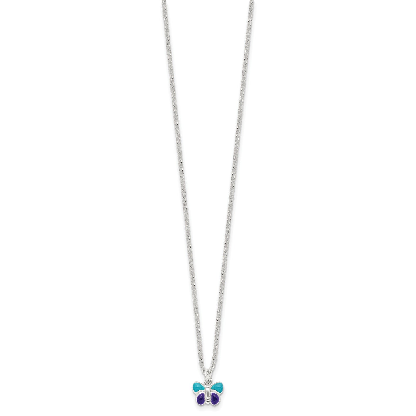 Sterling Silver Polished Blue & Purple Enameled Butterfly with 1.5inch Extension Children's Necklace