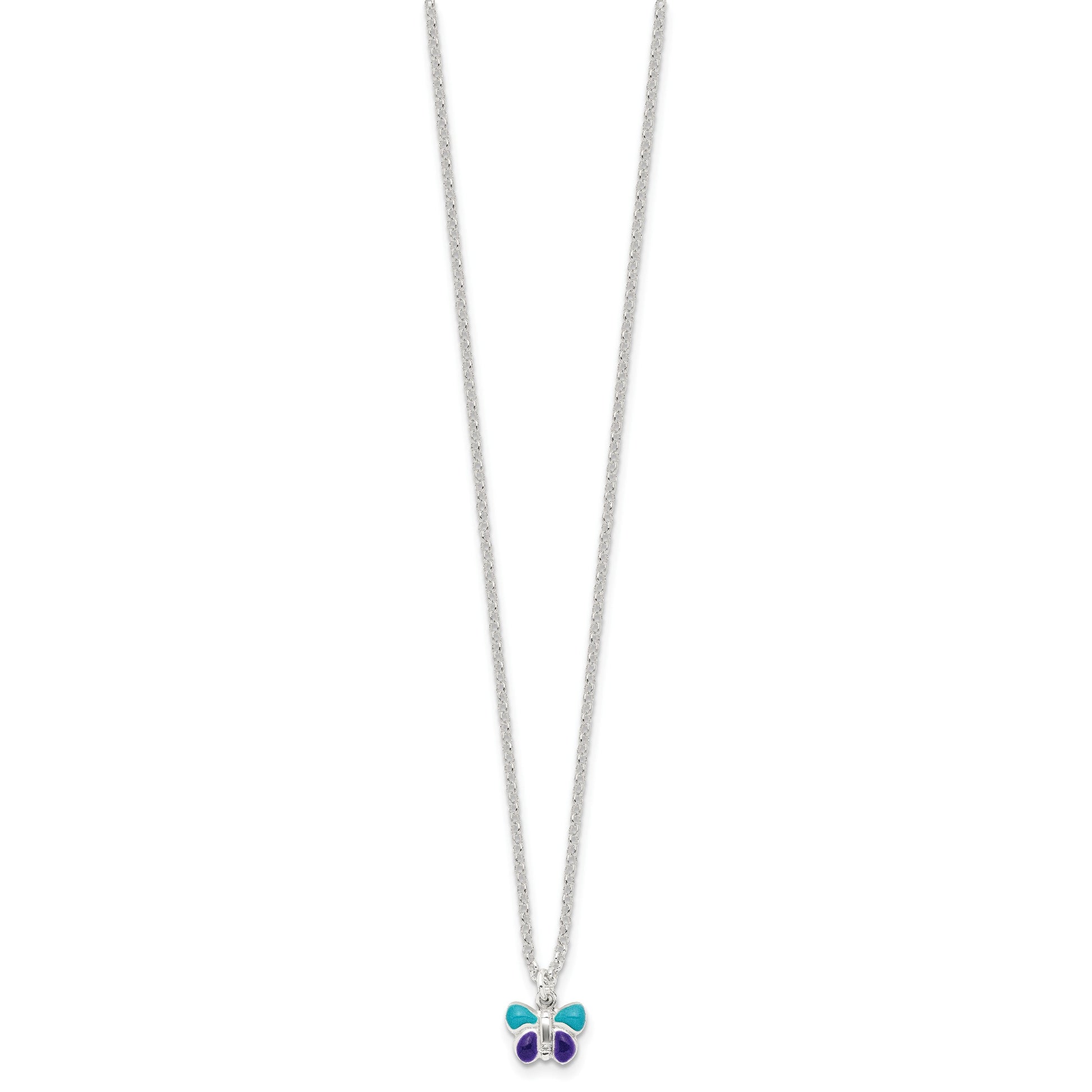 Sterling Silver Polished Blue & Purple Enameled Butterfly with 1.5inch Extension Children's Necklace
