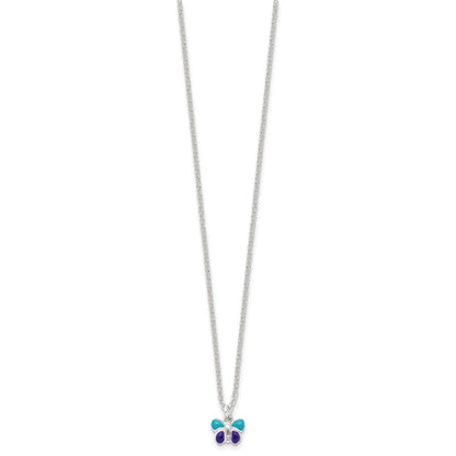 Sterling Silver Polished Blue & Purple Enameled Butterfly with 1.5inch Extension Children's Necklace