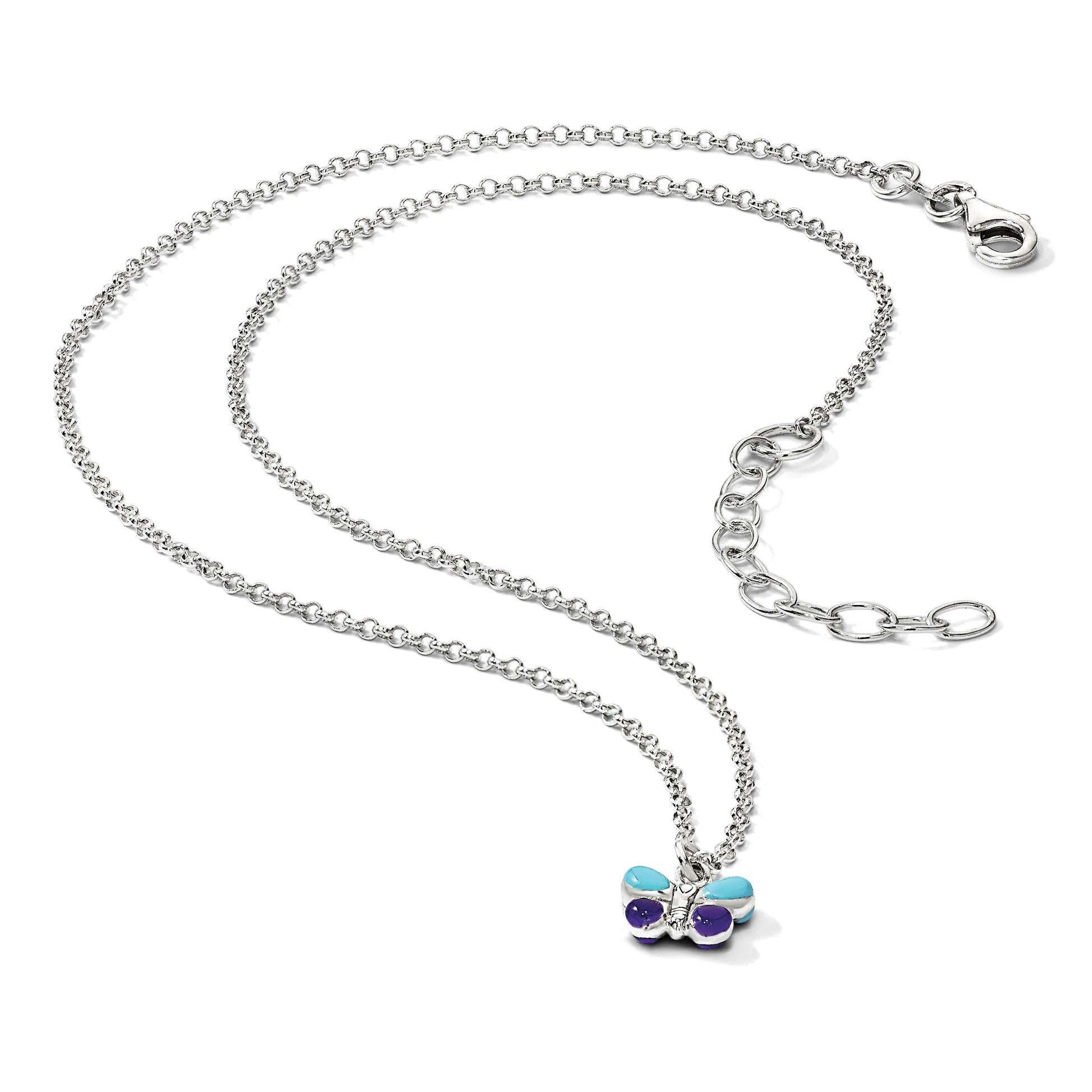Sterling Silver Polished Blue & Purple Enameled Butterfly with 1.5inch Extension Children's Necklace