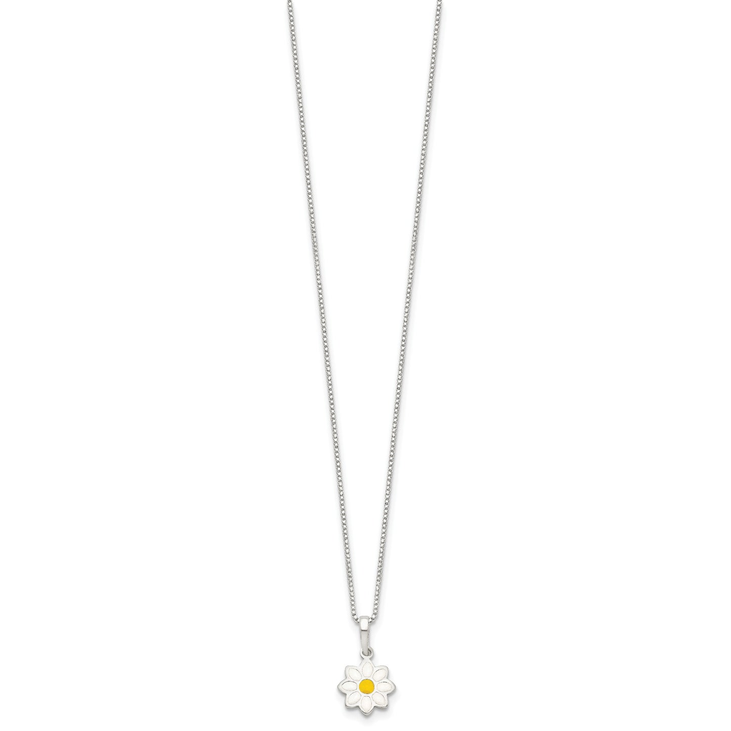 Sterling Silver Polished Yellow & White Enamel Flower Children's Necklace