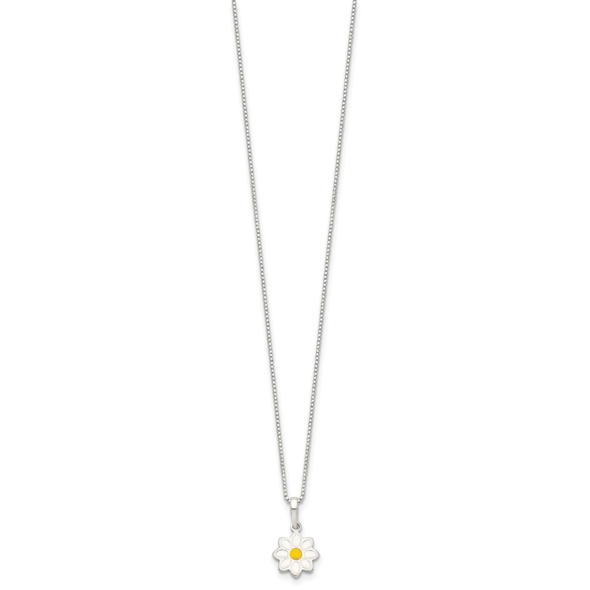 Sterling Silver Polished Yellow & White Enamel Flower Children's Necklace
