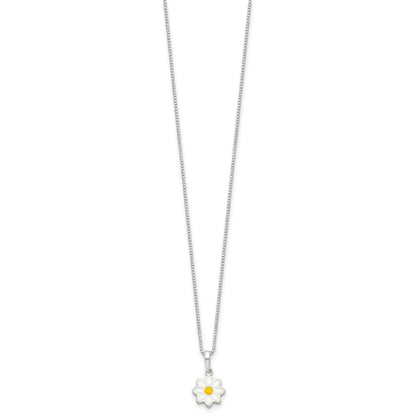 Sterling Silver Polished Yellow & White Enamel Flower Children's Necklace