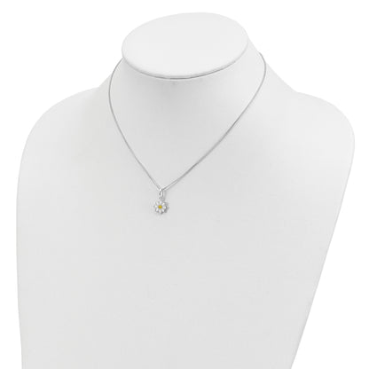 Sterling Silver Polished Yellow & White Enamel Flower Children's Necklace