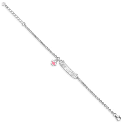 Sterling Silver Rhodium-plated Polished & Pink Enameled Crown with 1 Inch Extension Children's ID Bracelet