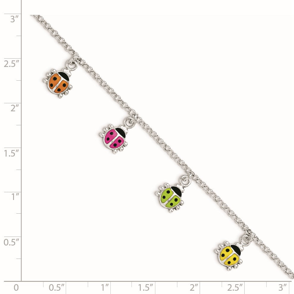 Sterling Silver Polished Multi-color Enameled Ladybugs Children's Bracelet