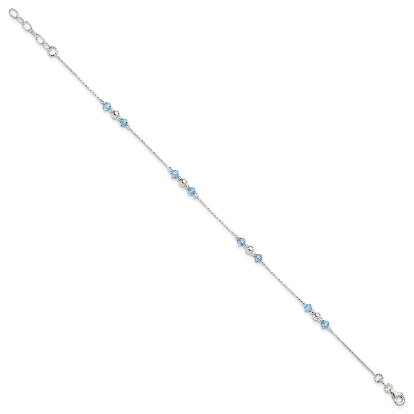 Sterling Silver Bead and Blue CZ 9 inch Plus 1 inch Extender - Total 10 inch Anklet