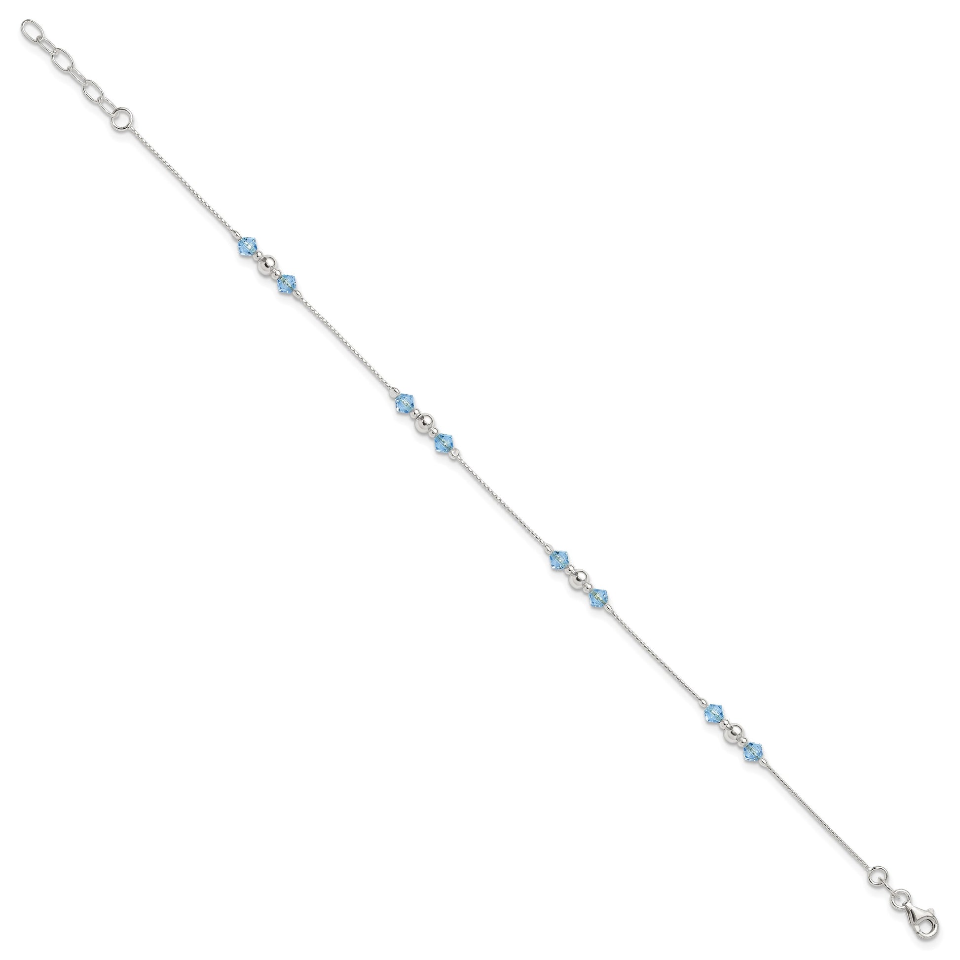 Sterling Silver Bead and Blue CZ 10 inch Plus 1 inch Extender - Total 11 inch Anklet