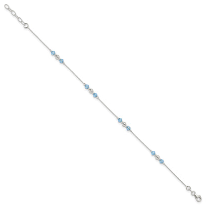 Sterling Silver Bead and Blue CZ 10 inch Plus 1 inch Extender - Total 11 inch Anklet